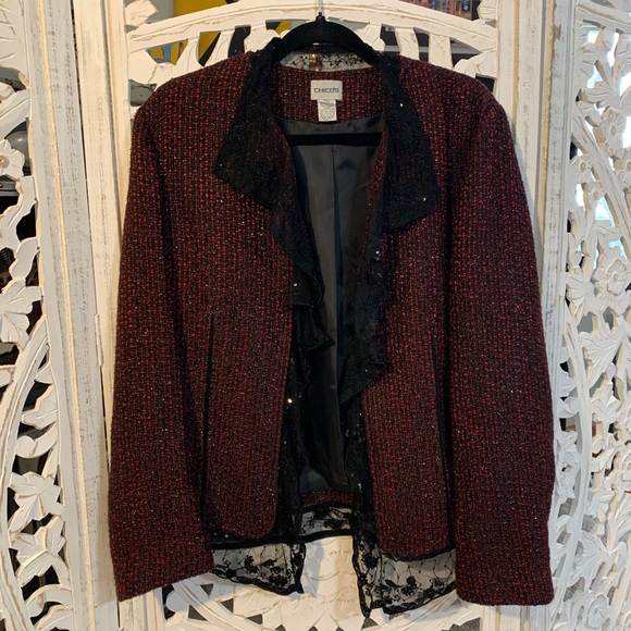 Chico’s Holiday Sparkle Sequin Jacket with Lace trim details - Medium - Picture 1 of 10